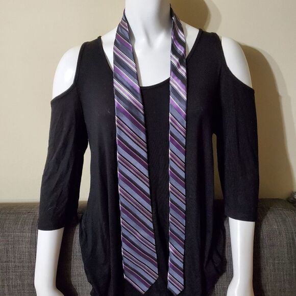 DKNY Gray, Purple, & White Striped Silk Tie - Picture 3 of 5